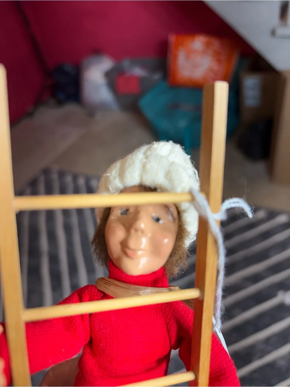 Byers' Choice Christmas Caroler Climbing Doll w/ Wooden Ladder Red Sweater